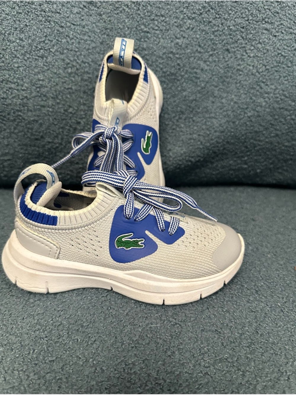 Lacoste Kids Gray Sneakers with Blue Accents and Green Logo